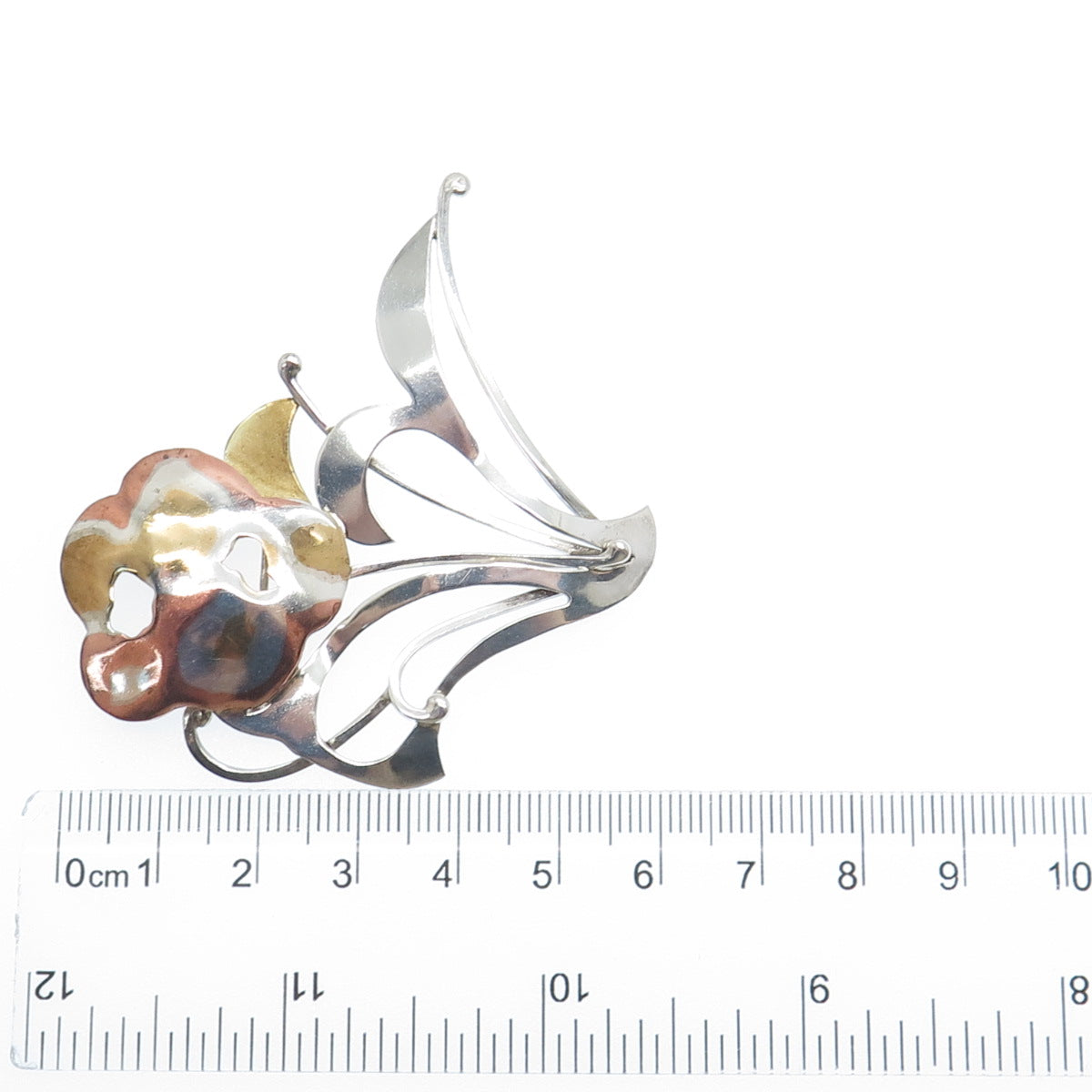 925 Sterling Silver 3-Tone Vintage JR Artisan Modernist Flower Pin Brooch
