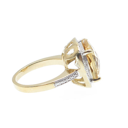 925 Sterling Silver Gold Plated Real Diamond & Cushion-Cut Citrine Ring Size 6