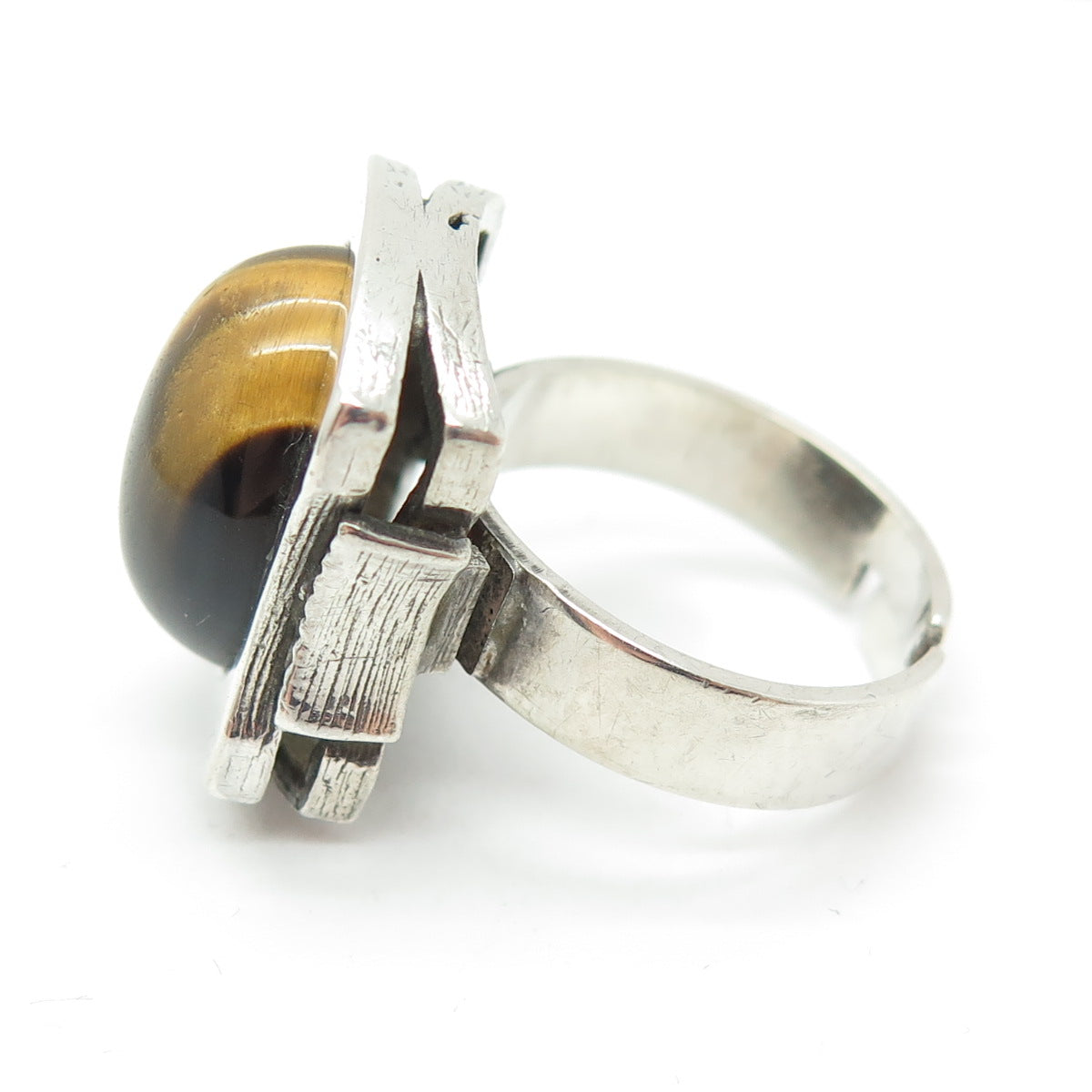 835 Silver Vintage Real Tiger Eye Modernist Adjustable Ring Size 6.75