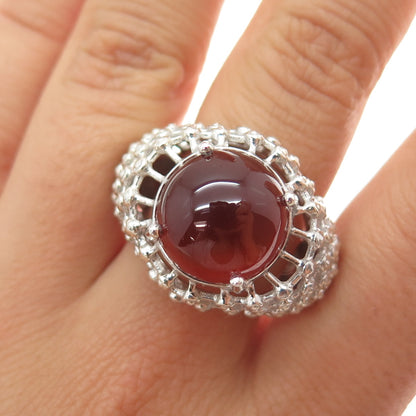 925 Sterling Silver Vintage Real Carnelian Modernist Beaded Mesh Ring Size 7.25