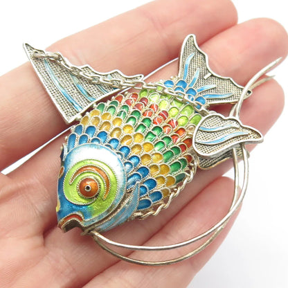 925 Sterling Silver Enamel Antique Articulated Chinese Koi Fish Chatelaine Fob