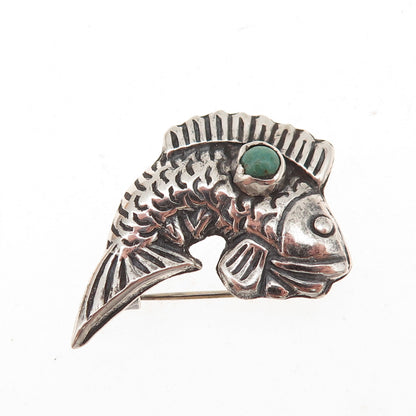 925 Sterling Silver Vintage Mexico Real Turquoise Fish Oxidized Pin Brooch