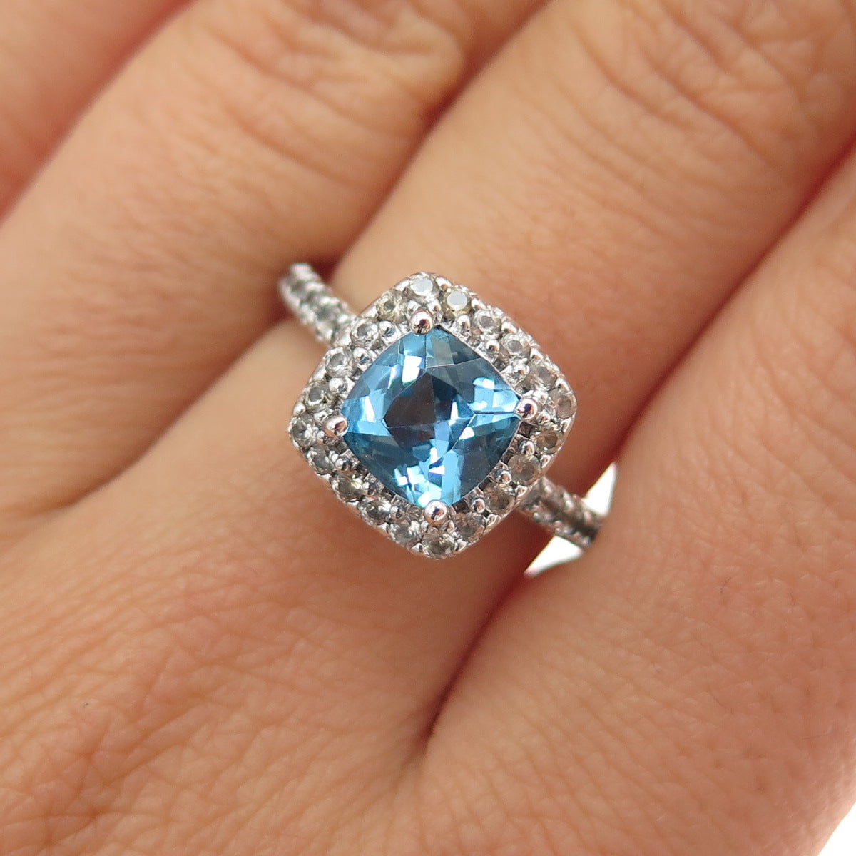 925 Sterling Silver Real Cushion-Cut Blue & Round-Cut White Topaz Ring Size 7