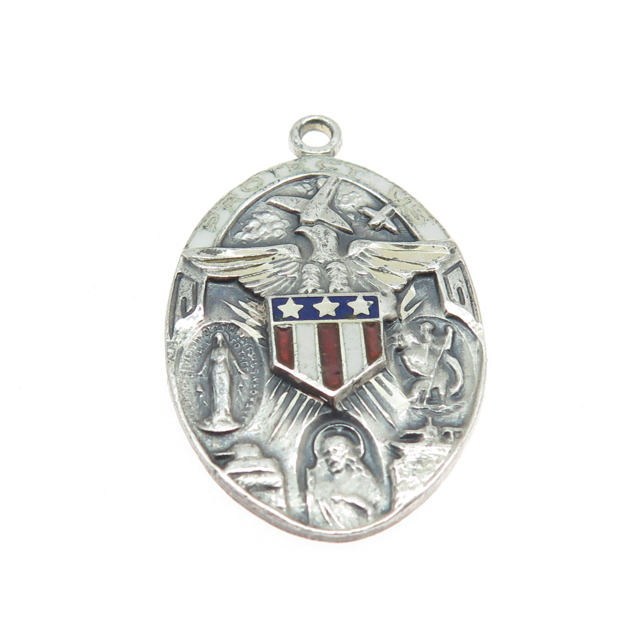 925 Sterling Silver Antique Art Deco Enamel WWII US Army Religious Pendant