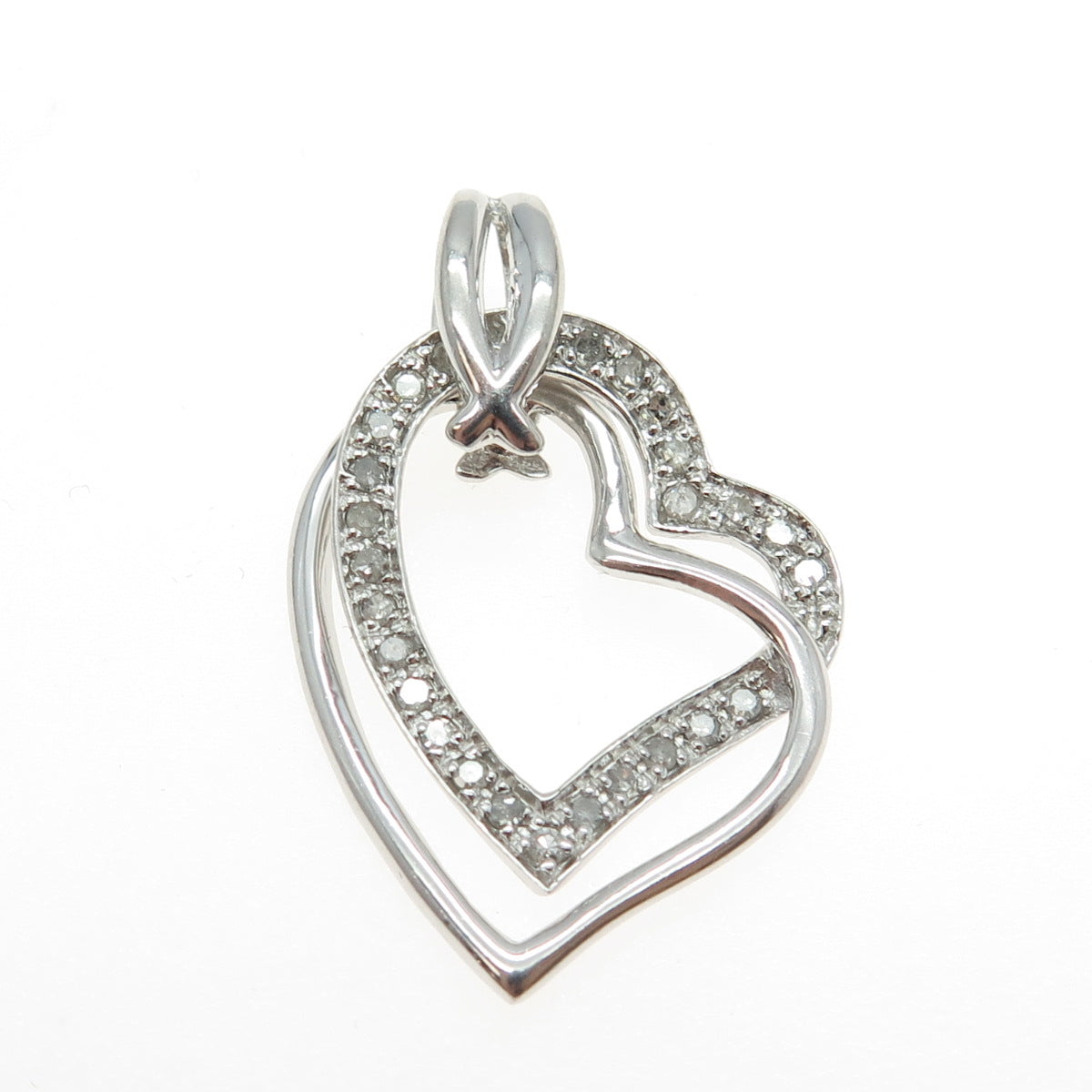 925 Sterling Silver Real Round-Cut Diamond Double Heart Pendant