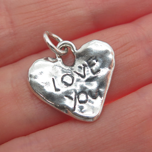 925 Sterling Silver Vintage Love You Hammered Heart Oxidized Charm Pendant