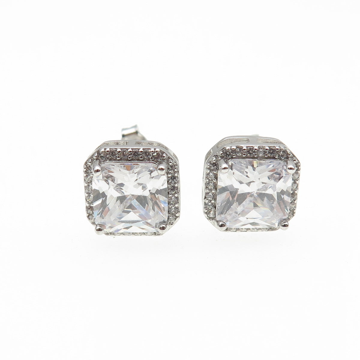 925 Sterling Silver Princess & Round-Cut C Z Stud Earrings