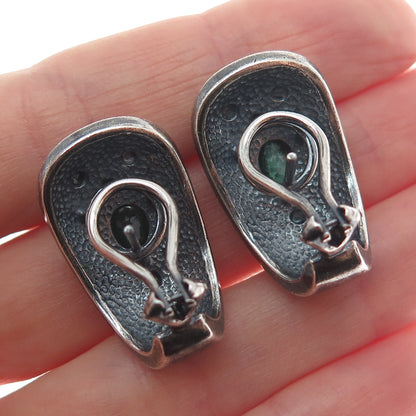 925 Sterling Silver Vintage Real Emerald Modernist Oxidized Omega Back Earrings