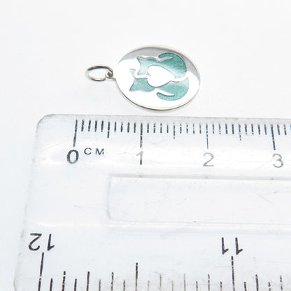 925 Sterling Silver Green Enamel Cat Couple Round Tag Minimalist Charm Pendant