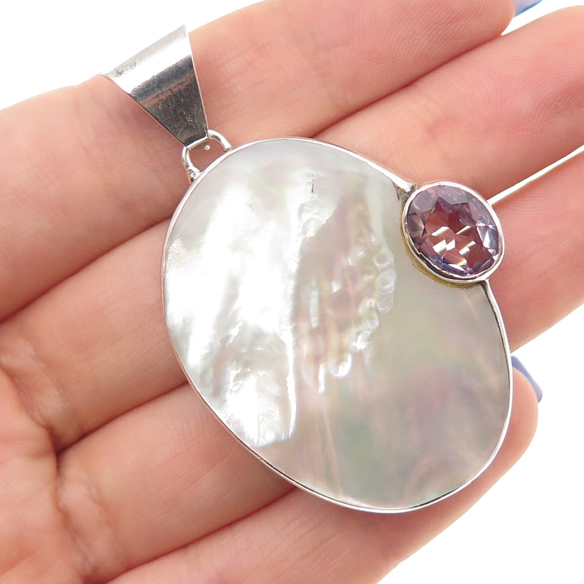 925 Sterling Silver Vintage Real MOP & Amethyst Modernist Pendant