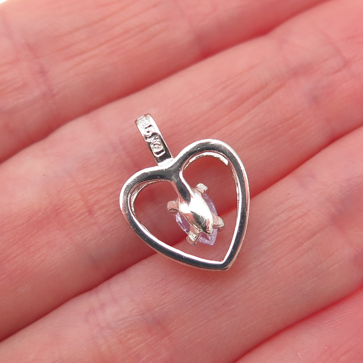 925 Sterling Silver Vintage Pear-Cut Purple C Z Heart Mini Charm Pendant