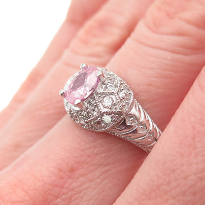 925 Sterling Silver Oval-Cut Pink & Round-Cut White C Z Ring Size 6.25