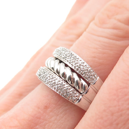 925 Sterling Silver Real Round-Cut Diamond Twisted 3-Row Ring Size 7.25