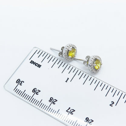 925 Sterling Silver White & Citrine-Tone C Z Round Stud Earrings