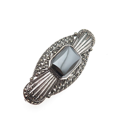 925 Sterling Silver Antique Art Deco Germany Real Hematite Marcasite Pin Brooch
