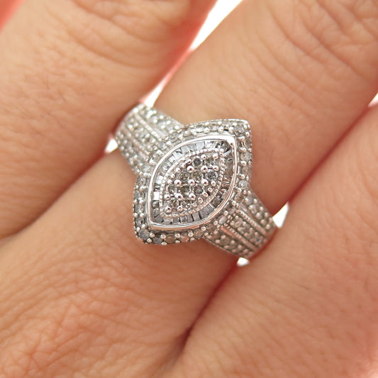 925 Sterling Silver Real Round & Tapered Baguette-Cut Diamond Ring Size 6.75