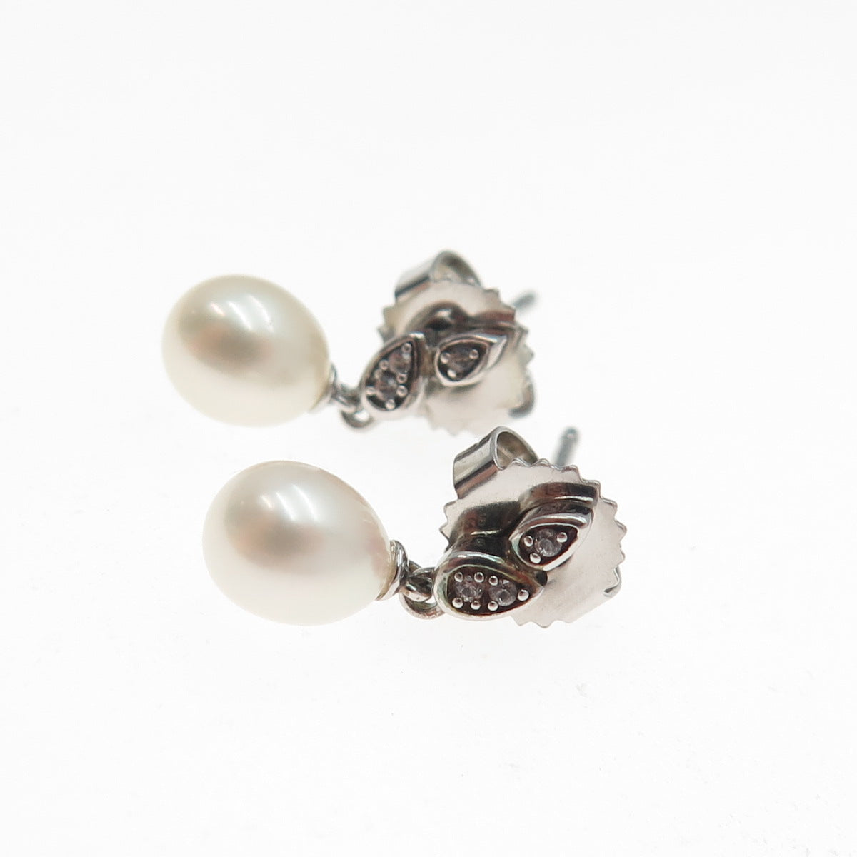 MICHELLE ALBALA Sterling Silver Real Pearl & White Topaz Floral Dangle Earrings