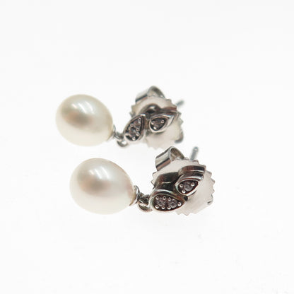MICHELLE ALBALA Sterling Silver Real Pearl & White Topaz Floral Dangle Earrings