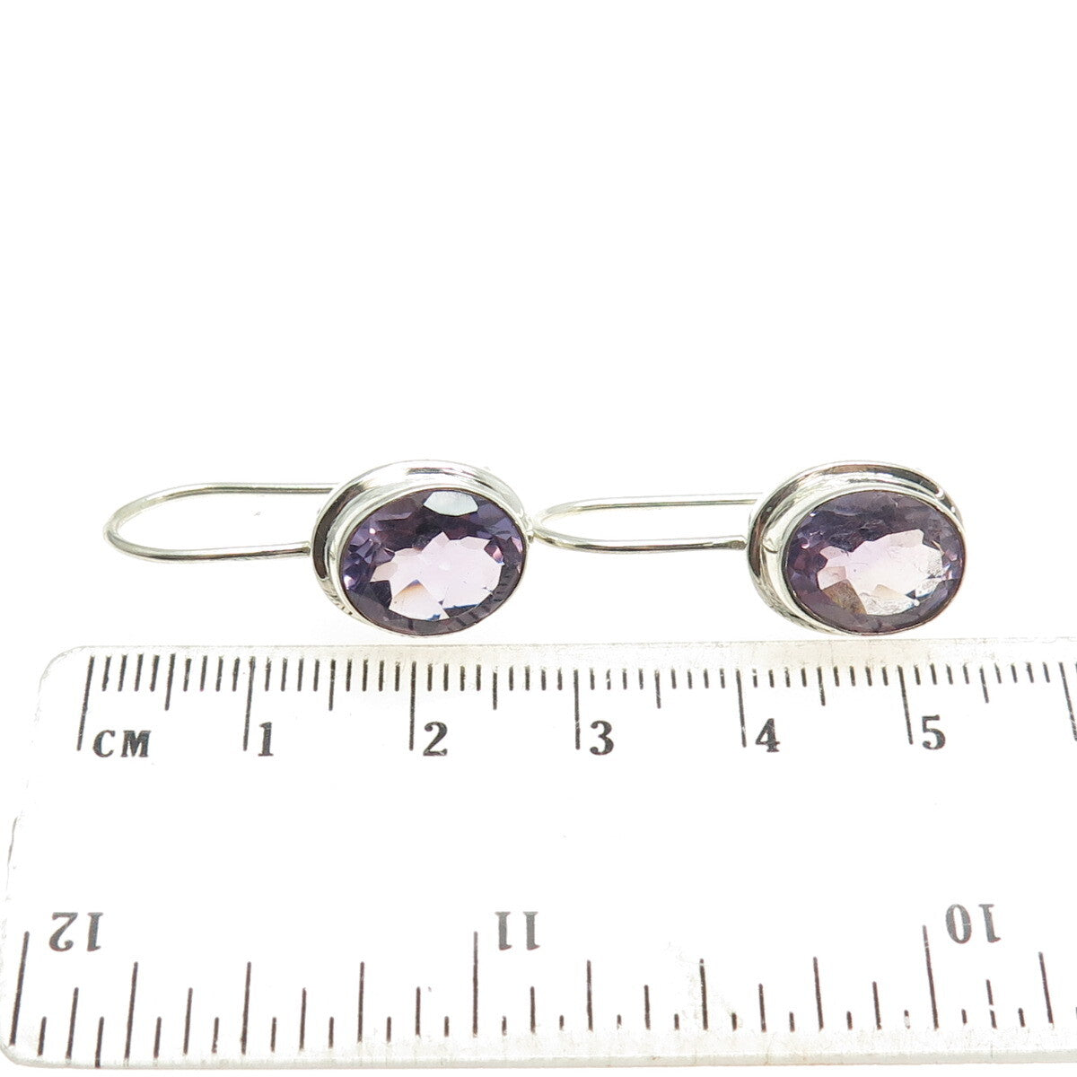 925 Sterling Silver Vintage Real Oval-Cut Amethyst French Wire Earrings
