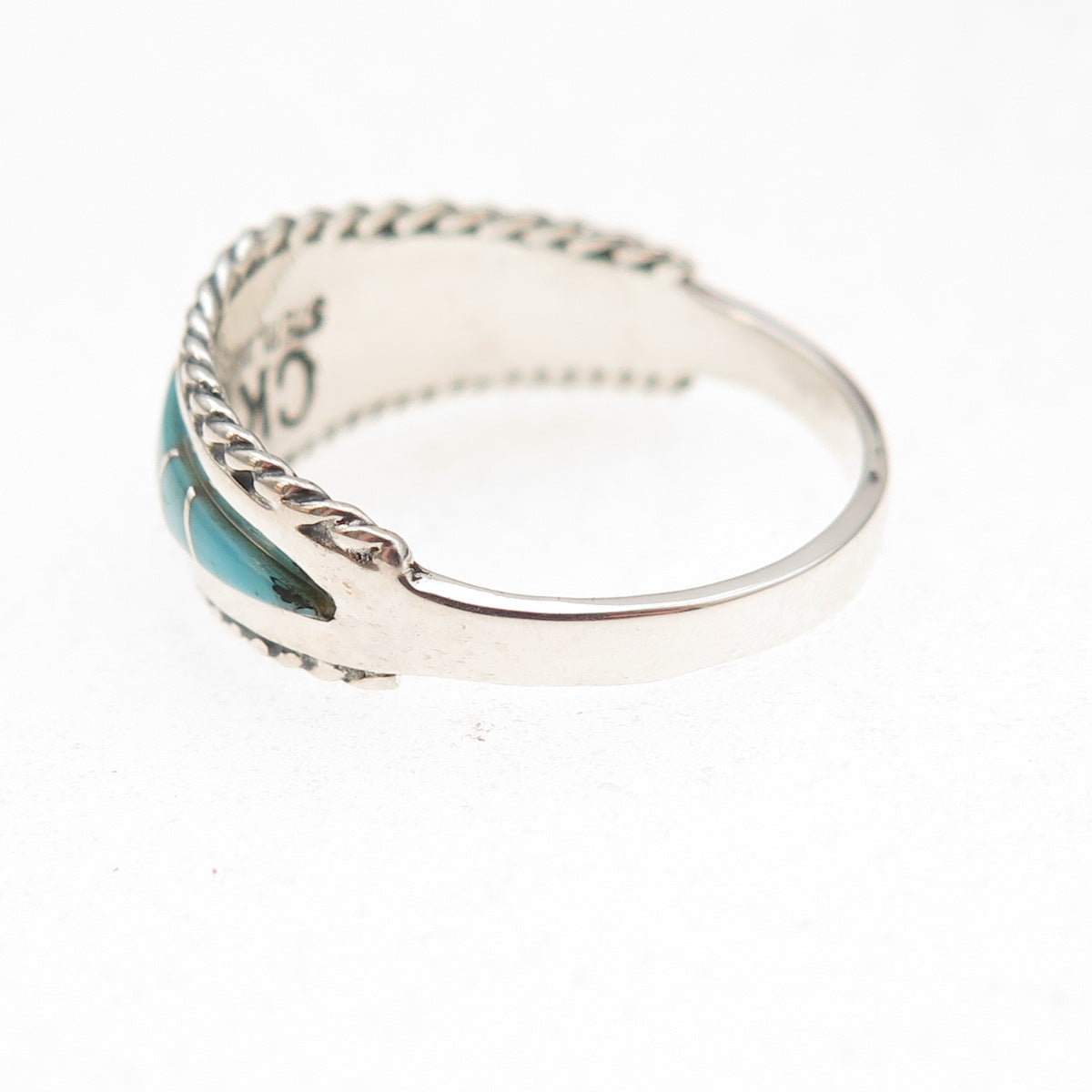 925 Sterling Silver Vintage Real Turquoise Zig Zag Oxidized Ring Size 8.25
