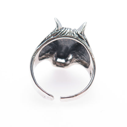 925 Sterling Silver Vintage Wolf Oxidized Adjustable Ring Size 10