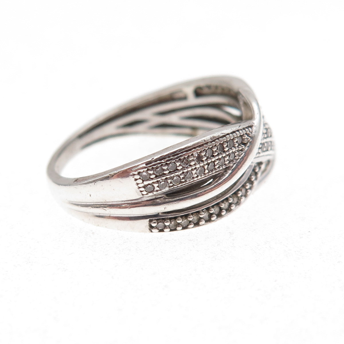 925 Sterling Silver Real Round-Cut Diamond Woven Ring Size 6.75