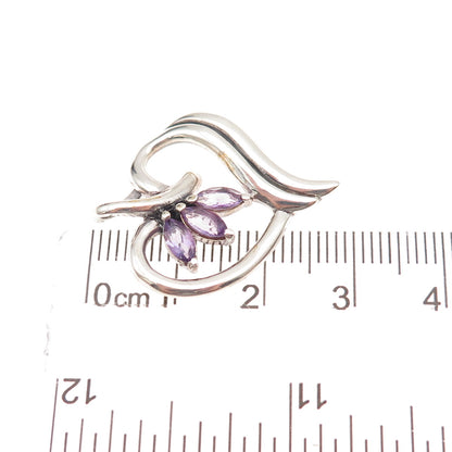925 Sterling Silver Vintage Real Marquise-Cut Amethyst Heart Charm Pendant