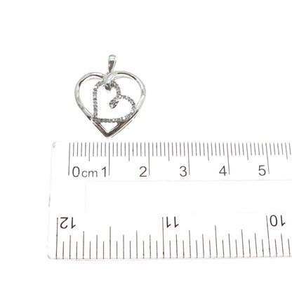 925 Sterling Silver Real Round-Cut Diamond Couple Heart Mini Charm Pendant