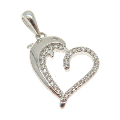 925 Sterling Silver Round-Cut C Z Dolphin Heart Pendant