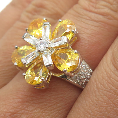 925 Sterling Silver White & Canary C Z Flower Ring Size 7