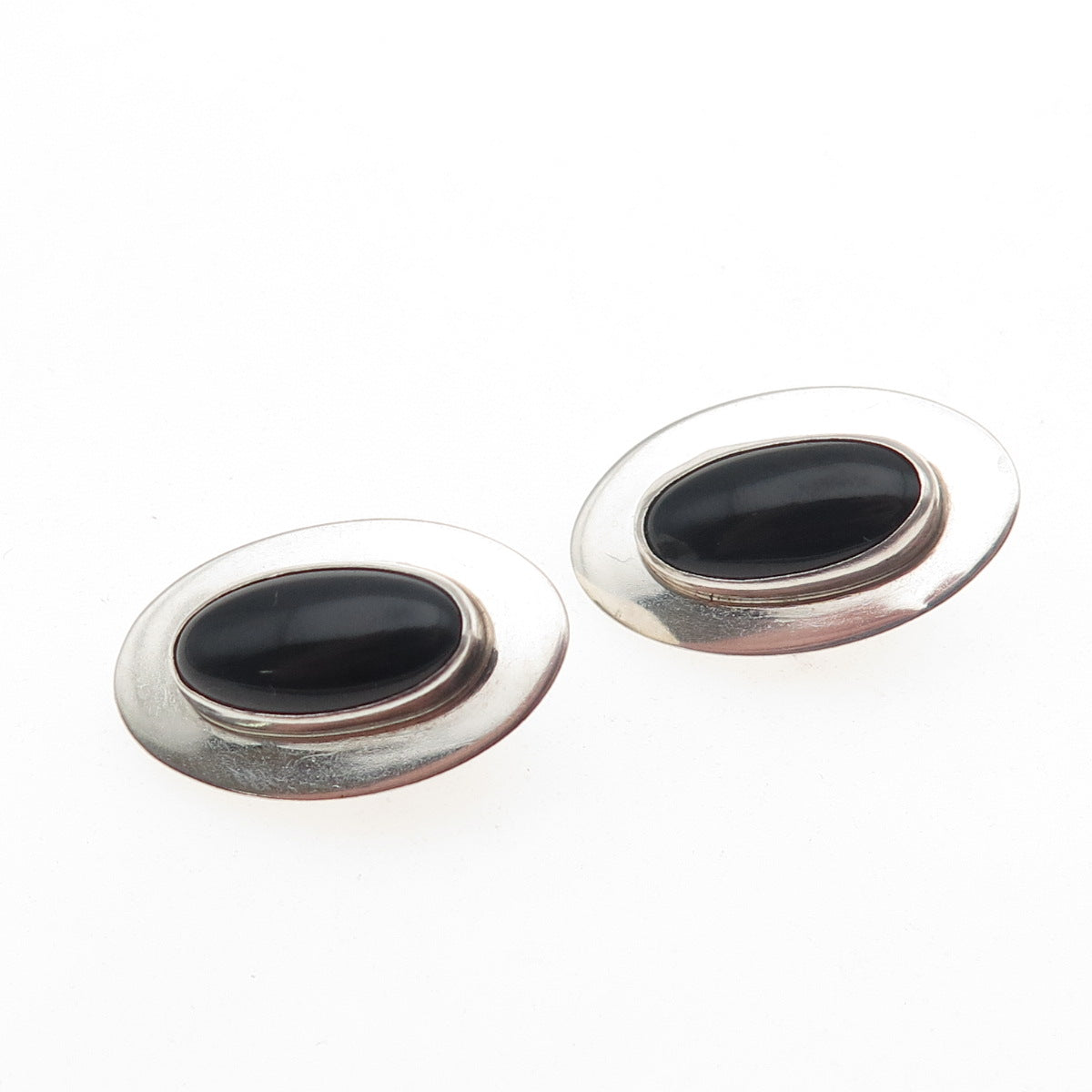 INCA 925 Sterling Silver Vintage Real Black Onyx Modernist Clip On Earrings