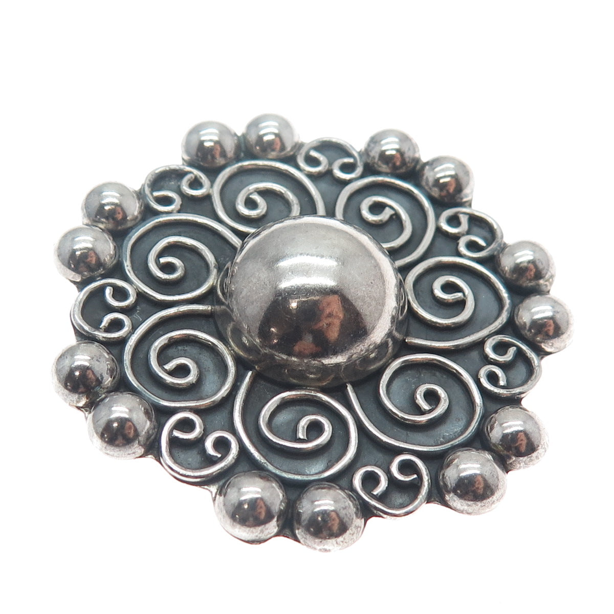 925 Sterling Silver Vintage Mexico Floral Beaded Oxidized Pin Brooch / Pendant