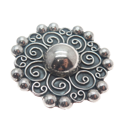 925 Sterling Silver Vintage Mexico Floral Beaded Oxidized Pin Brooch / Pendant