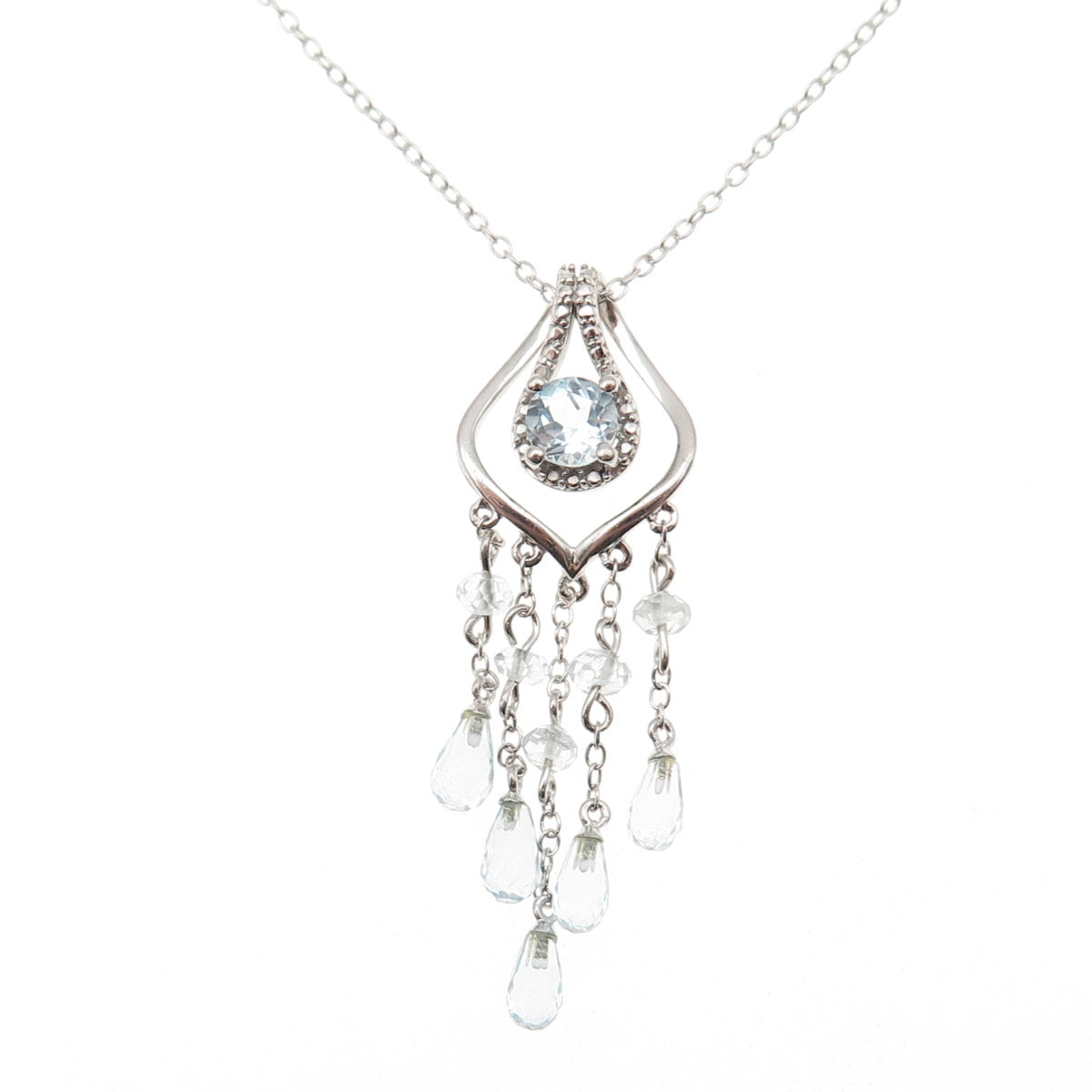 925 Sterling Silver Real Blue Topaz Tassel Cable Chain Necklace 18"