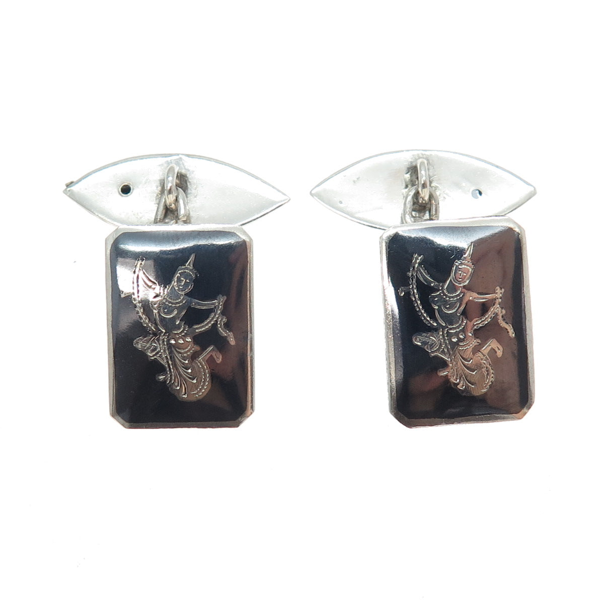 925 Sterling Silver Antique Siam Niello Hindu Goddess Cufflinks