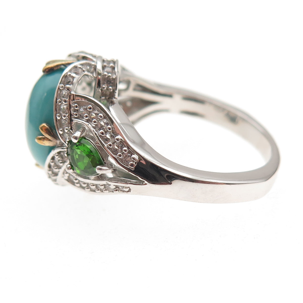 925 Sterling Silver 2-Tone Real Turquoise Peridot & White Topaz Ring Size 8.25