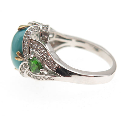 925 Sterling Silver 2-Tone Real Turquoise Peridot & White Topaz Ring Size 8.25