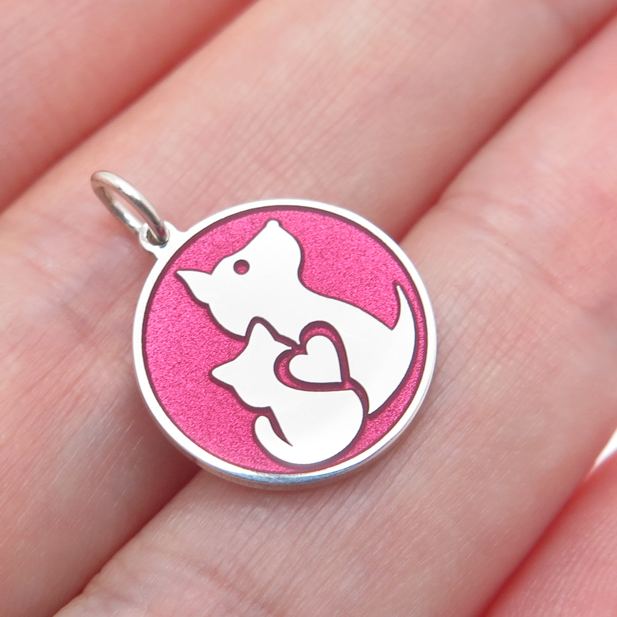 925 Sterling Silver Pink Enamel Dog & Cat Friendship Minimalist Charm Pendant