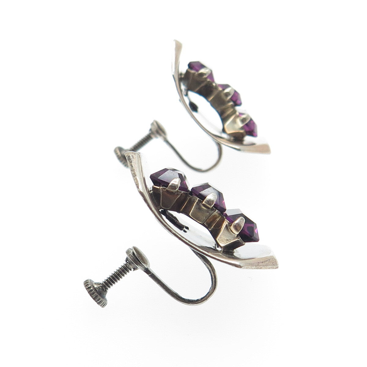 925 Sterling Silver Antique Art Deco Purple Rhinestone Screw Back Earrings