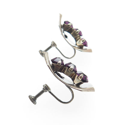 925 Sterling Silver Antique Art Deco Purple Rhinestone Screw Back Earrings