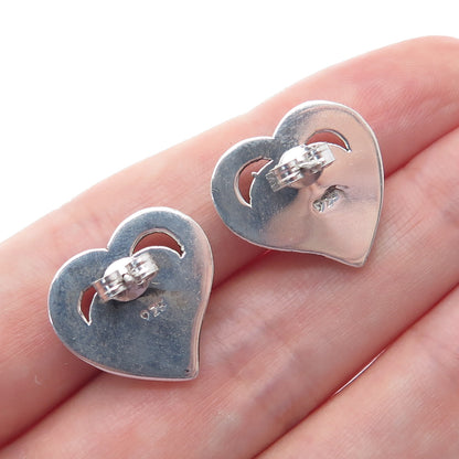 925 Sterling Silver Vintage Modernist Heart Oxidized Stud Earrings