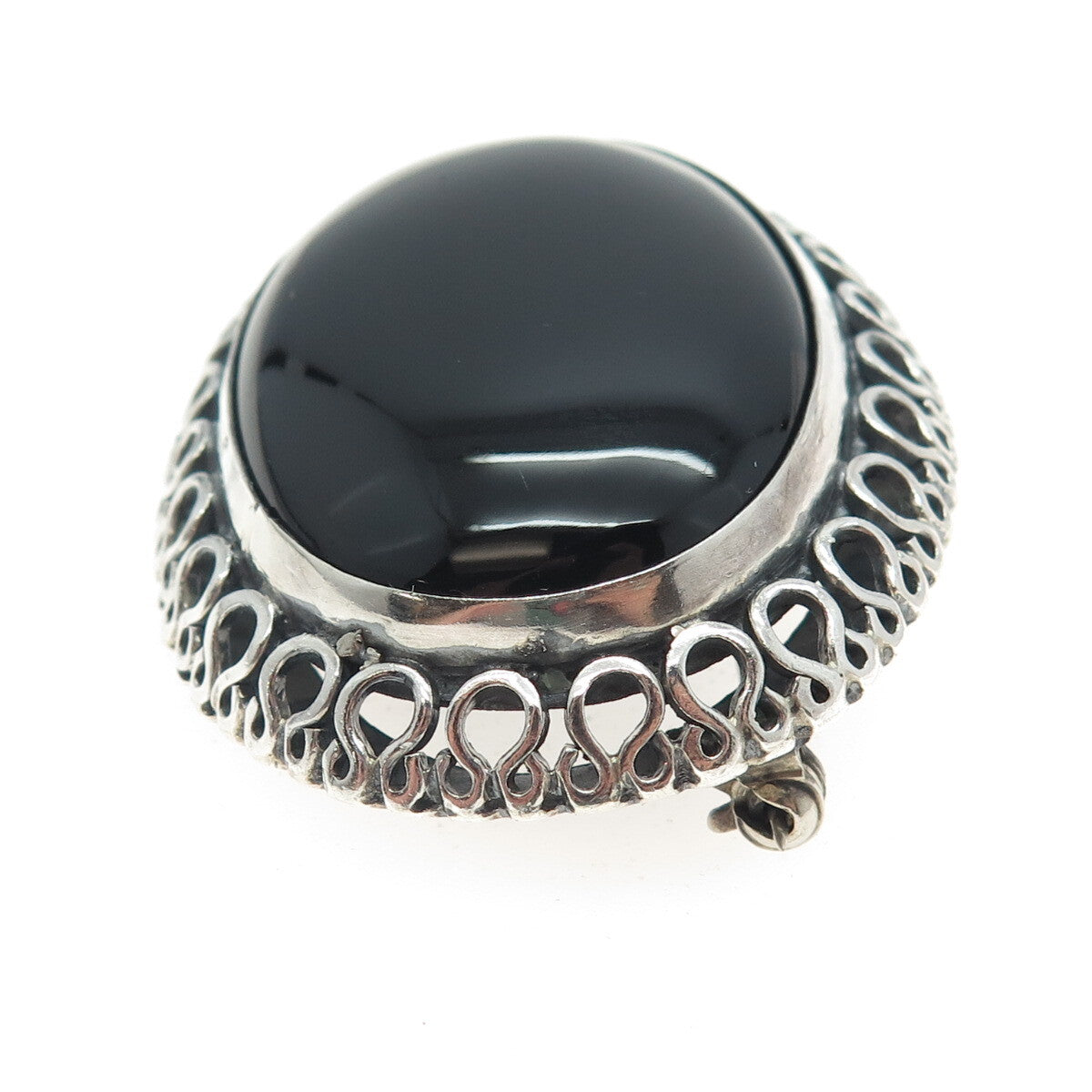 925 Sterling Silver Vintage Mexico Real Black Onyx Gemstone Pin Brooch