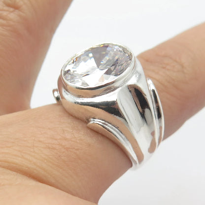 925 Sterling Silver Vintage C Z Ribbed Oval Ring Size 8