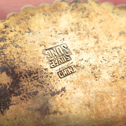 SUNG 925 Sterling Gold Plated Antique China Cinnabar Floral Brooch (missing pin)