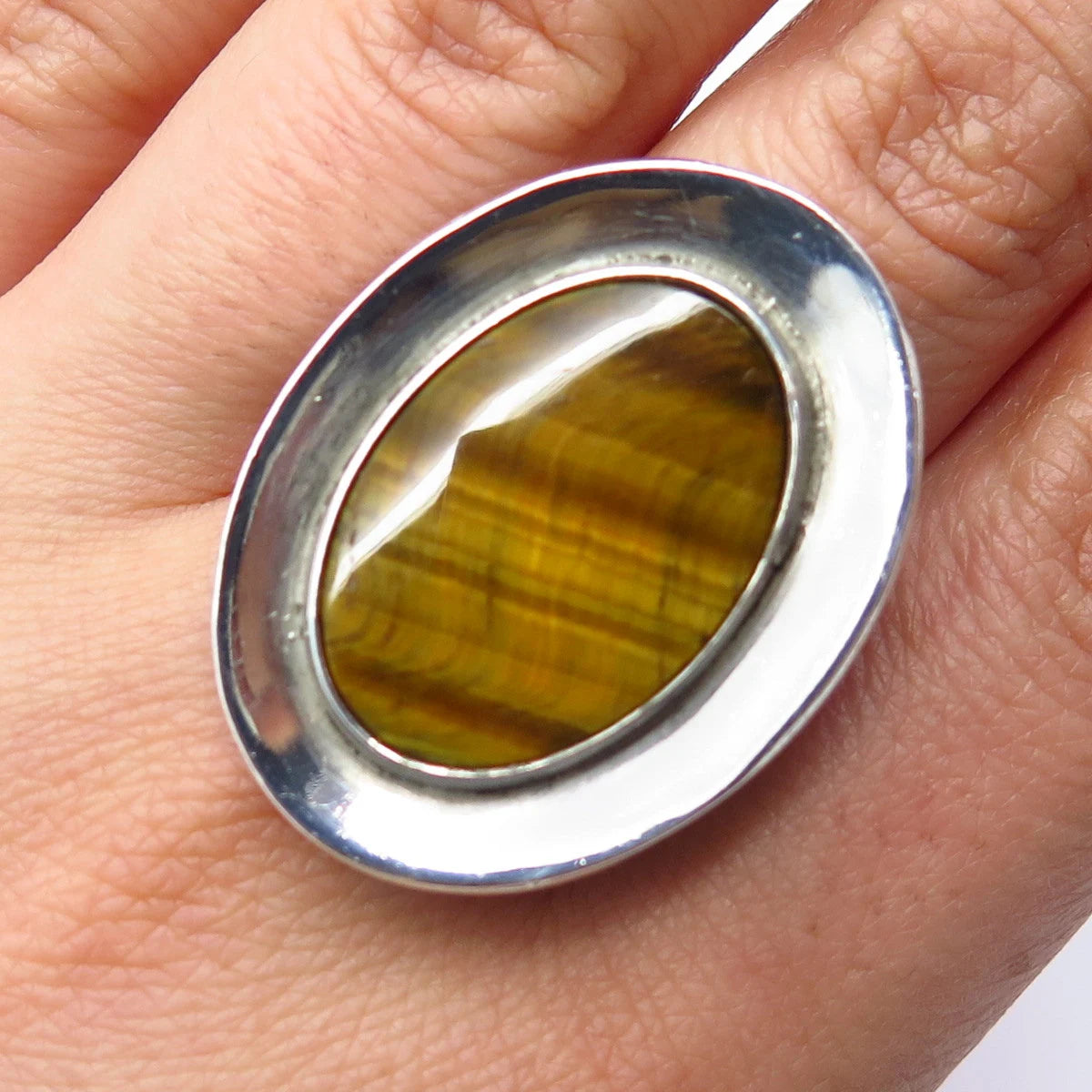 925 Sterling Silver Vintage Mexico Real Tiger Eye Gem Statement Ring Size 11.75