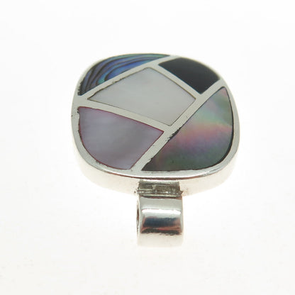 925 Sterling Silver Vintage Mother-of-Pearl Abalone Shell Black Onyx Gem Pendant