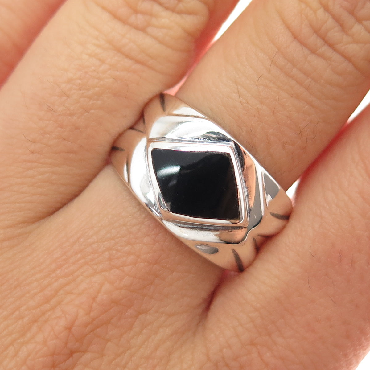 CHAPAL ZENRAY 925 Sterling Silver Vintage Black Onyx Modernist Ring Size 9.25