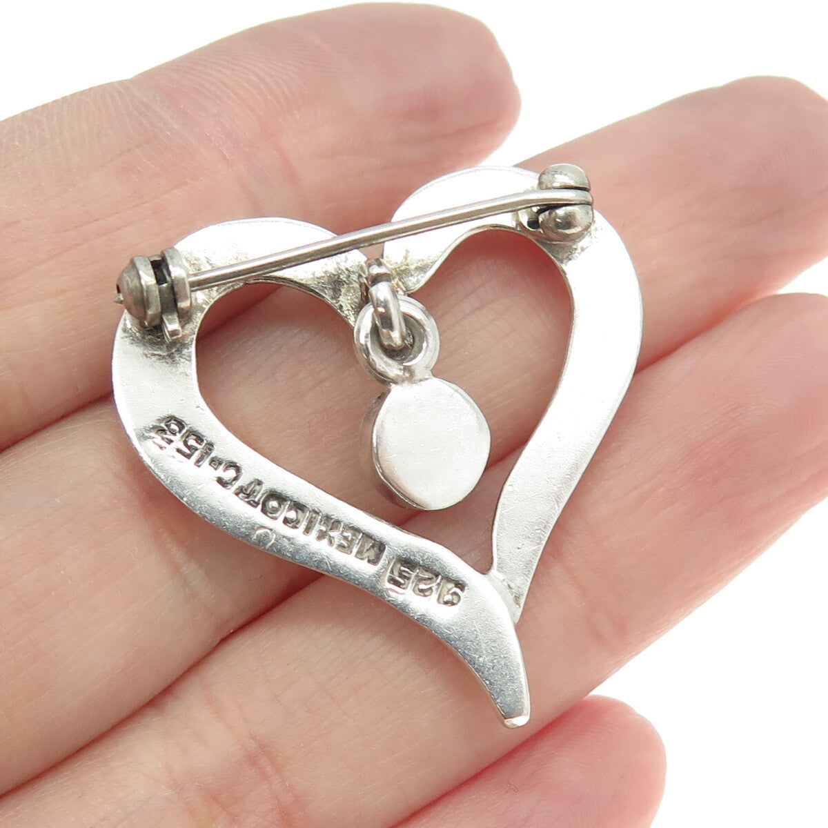 925 Sterling Silver Vintage Mexico Real Chalcedony Modernist Heart Pin Brooch
