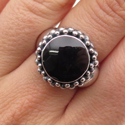 925 Sterling Silver Vintage Real Black Onyx Beaded Oxidized Ring Size 6.5