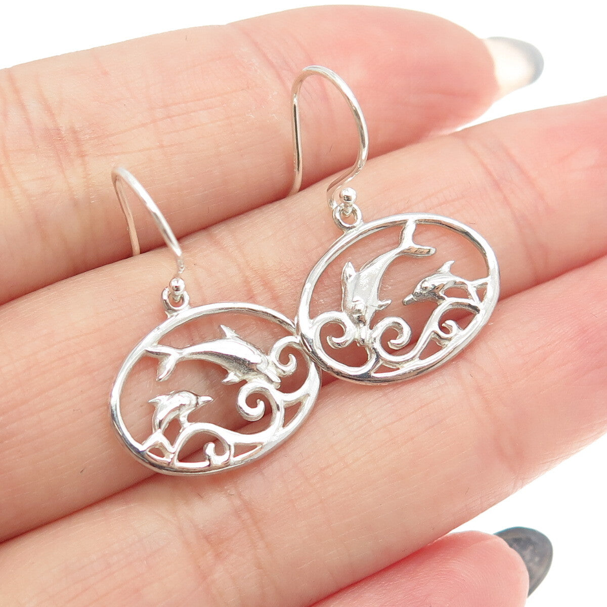 925 Sterling Silver Friendly Dolphin Dangling Earrings